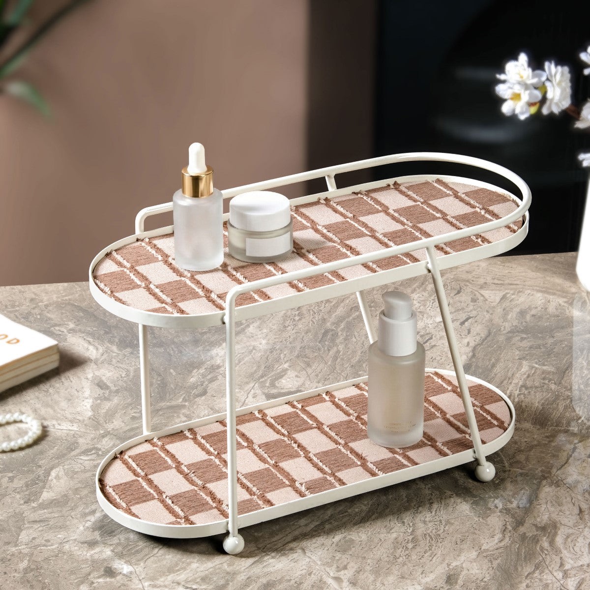 2 Tier Vanity Storage Display Tray White Brown