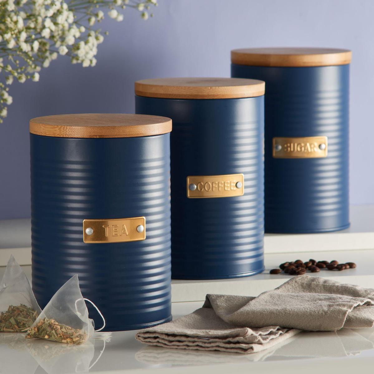 CANISTER SET - 3PC COFFEE TEA SUGAR - 1Litre - NAVY CORRUGATED