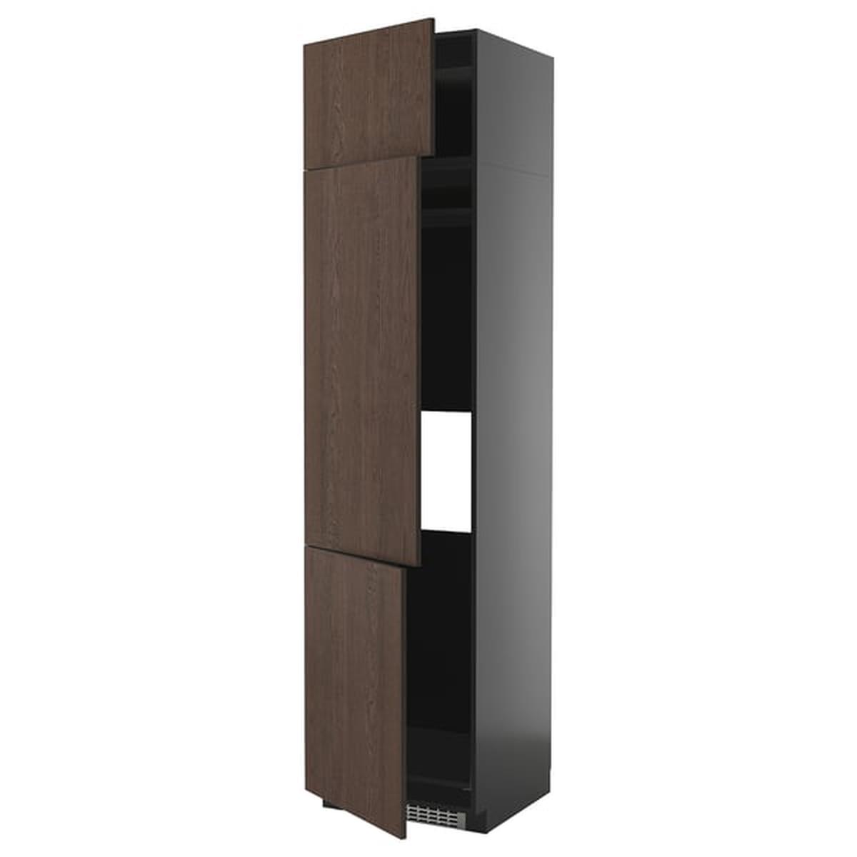 METOD high cab f fridge/freezer w 3 doors, black-grey/Sinarp brown, 60x60x240 cm