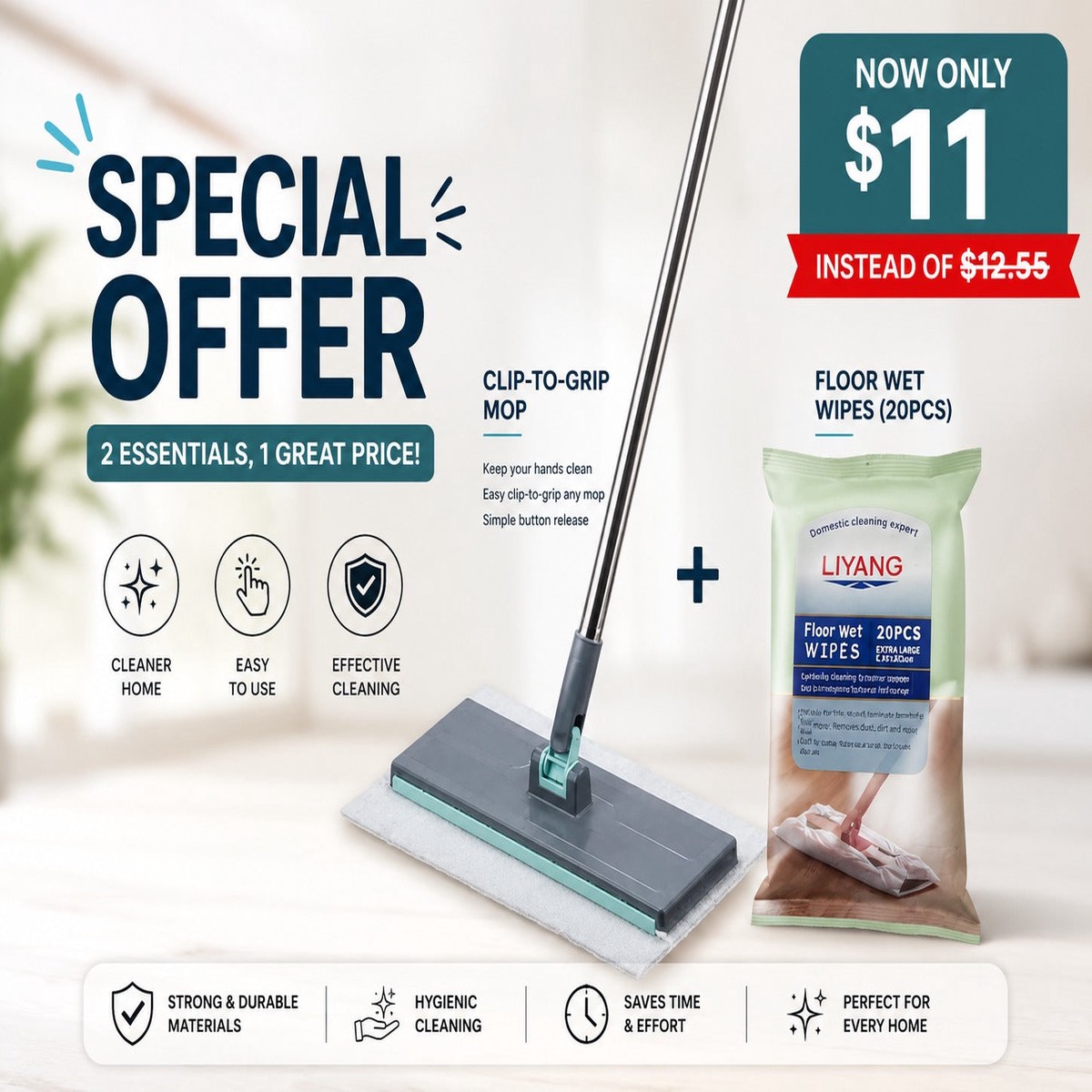 Clip-to-Grip mop with floor wetwipes