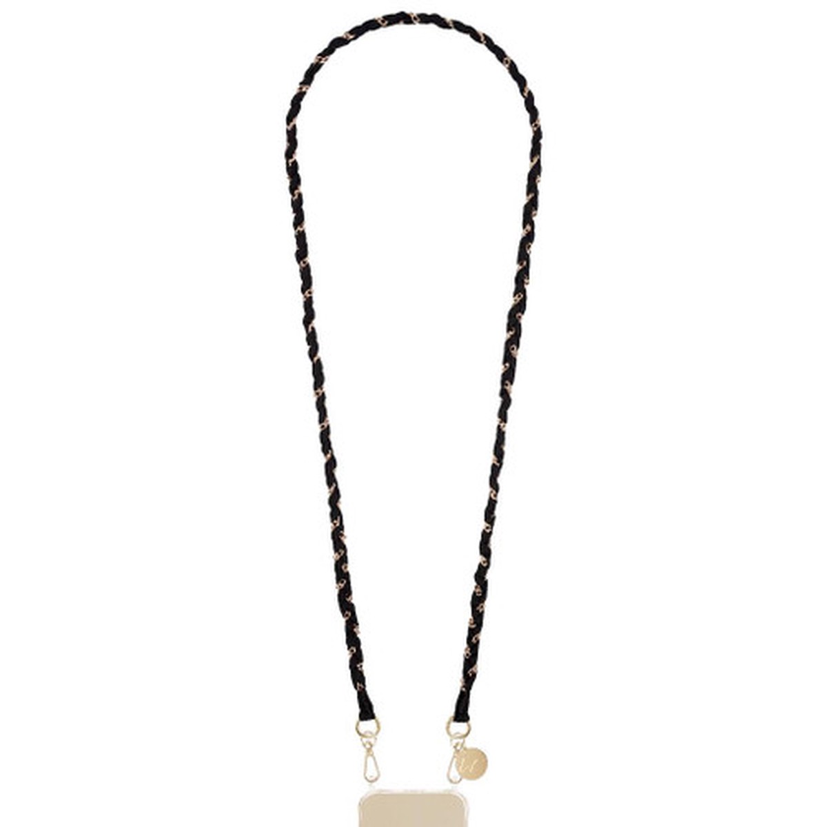 Doha Crossbody Phone Lanyard - Black Fabric & Gold Chain, 120cm