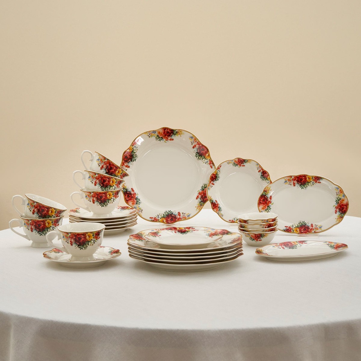 Karaca Bone China Amarose 26-Piece Serveware Set for 6 People, Gold