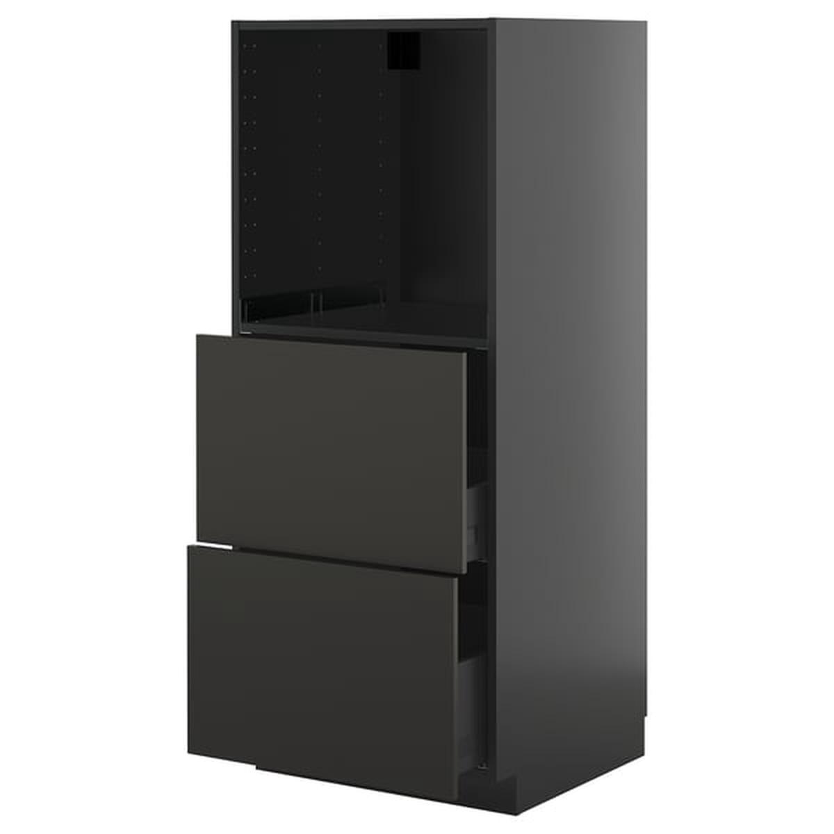 METOD / KNIVSHULT high cabinet w 2 drawers for oven, black-grey/Nickebo matt anthracite, 60x60x140 cm