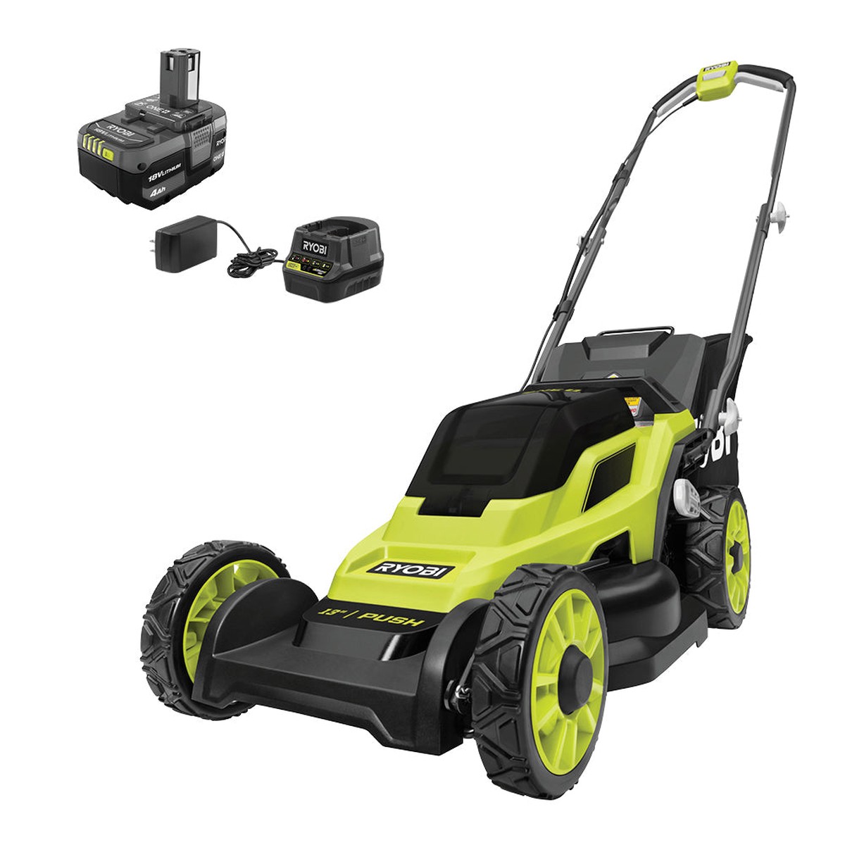 RYOBI 13 in. ONE+ 18-Volt Lithium-Ion Cordless Push Lawn Mower Kit with 4.0Ah Battery & Charger