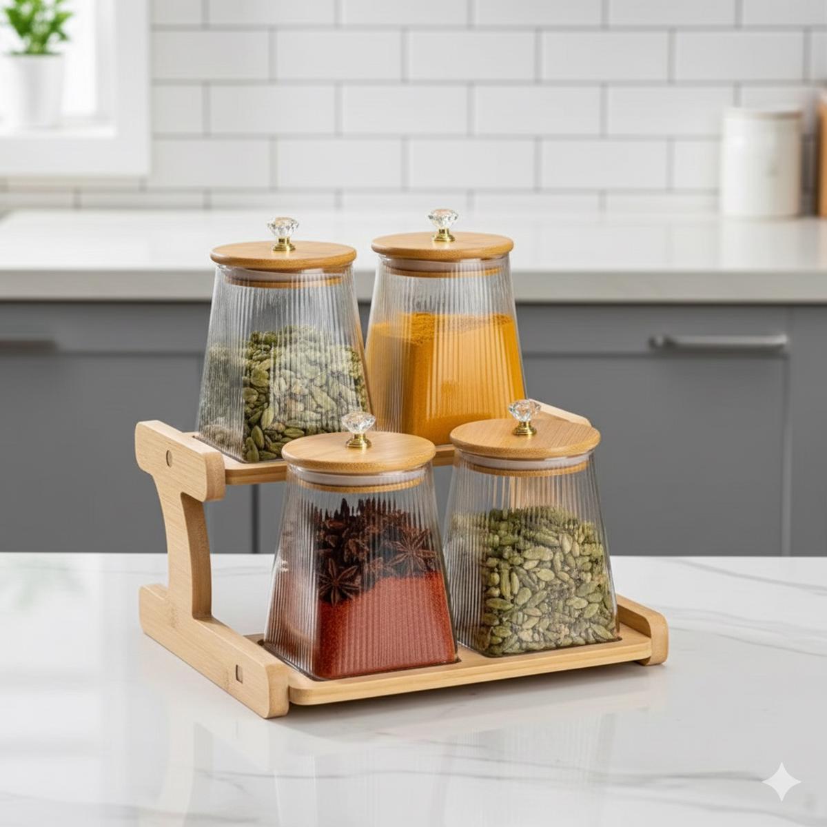 4pc Borosilicate Glass Storage Jar Set with Bamboo Stand