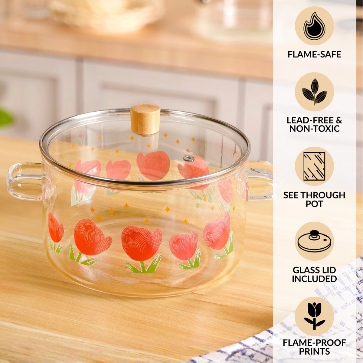 Floral Flame Safe Glass Cooking Pot With Lid 3200ml