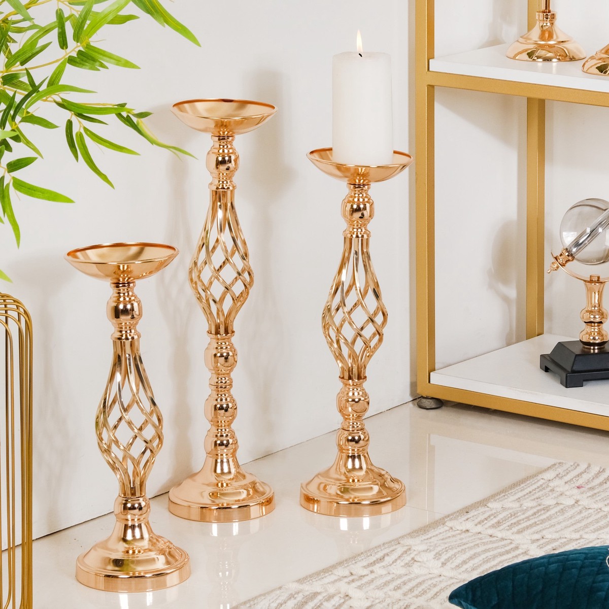 Golden Tall Floor Candle Stand Set Of 3 Large