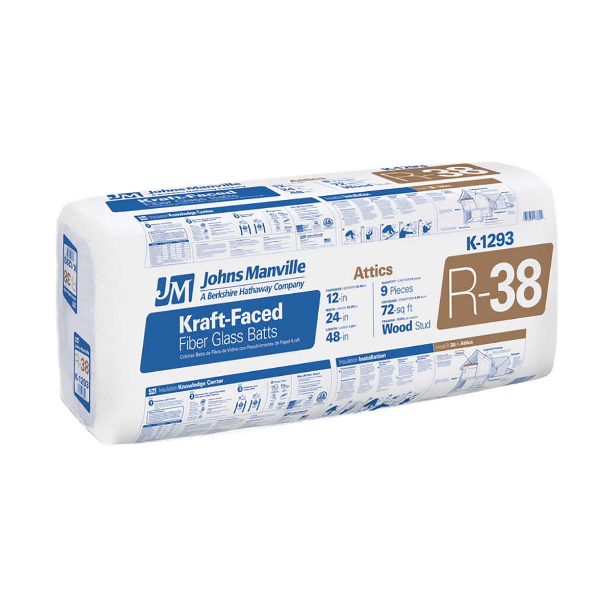 Johns Manville R-38 Kraft-Faced Fiberglass Batt Insulation, 24-in W x 48-in L, 72-sq ft (9-Pack)