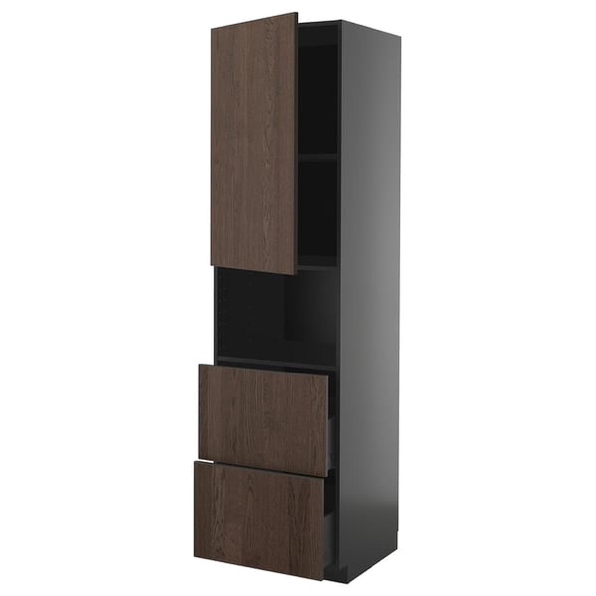 METOD / KNIVSHULT hi cab f micro w door/2 drawers, black-grey/Sinarp brown, 60x60x220 cm
