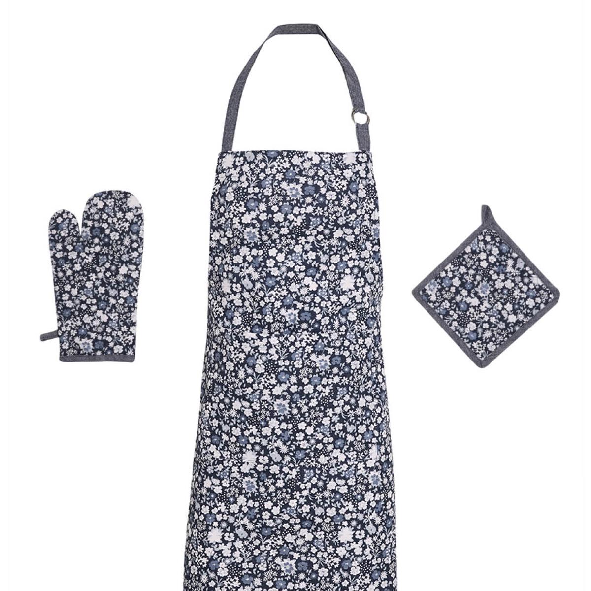 Set of apron, oven mitt and potholder Fleurs de nuit Dark blue - 60 x 90 cm + 17 x 32 cm + 20 x 20 cm