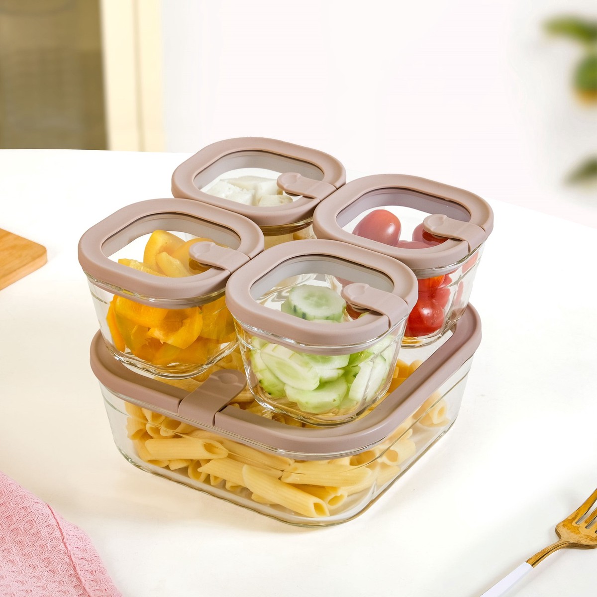 Vento Food Container With Airtight Lid Set Of 5 220ml 1320ml Brown