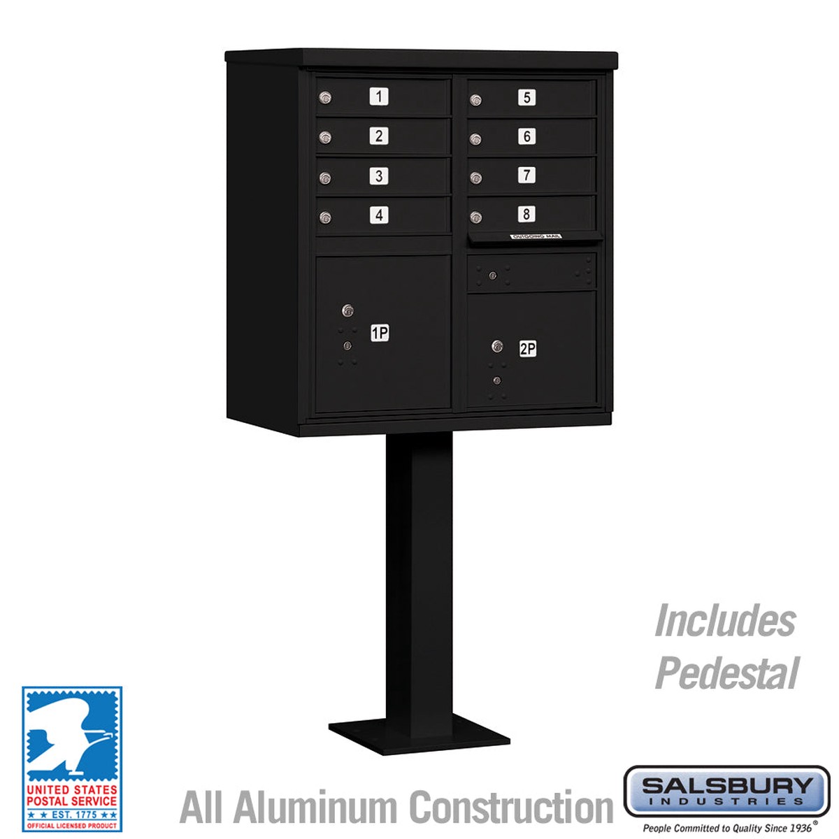 Cluster Box Unit with 8 Doors and 2 Parcel Lockers in Black with USPS Access