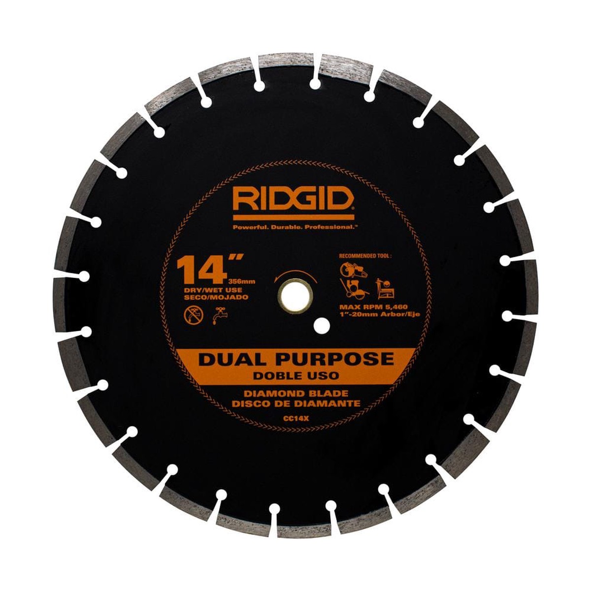 RIDGID 14 in. Dual-Purpose Walk-Behind Saw Diamond Blade, 1 in. Arbor with 20 mm Adapter