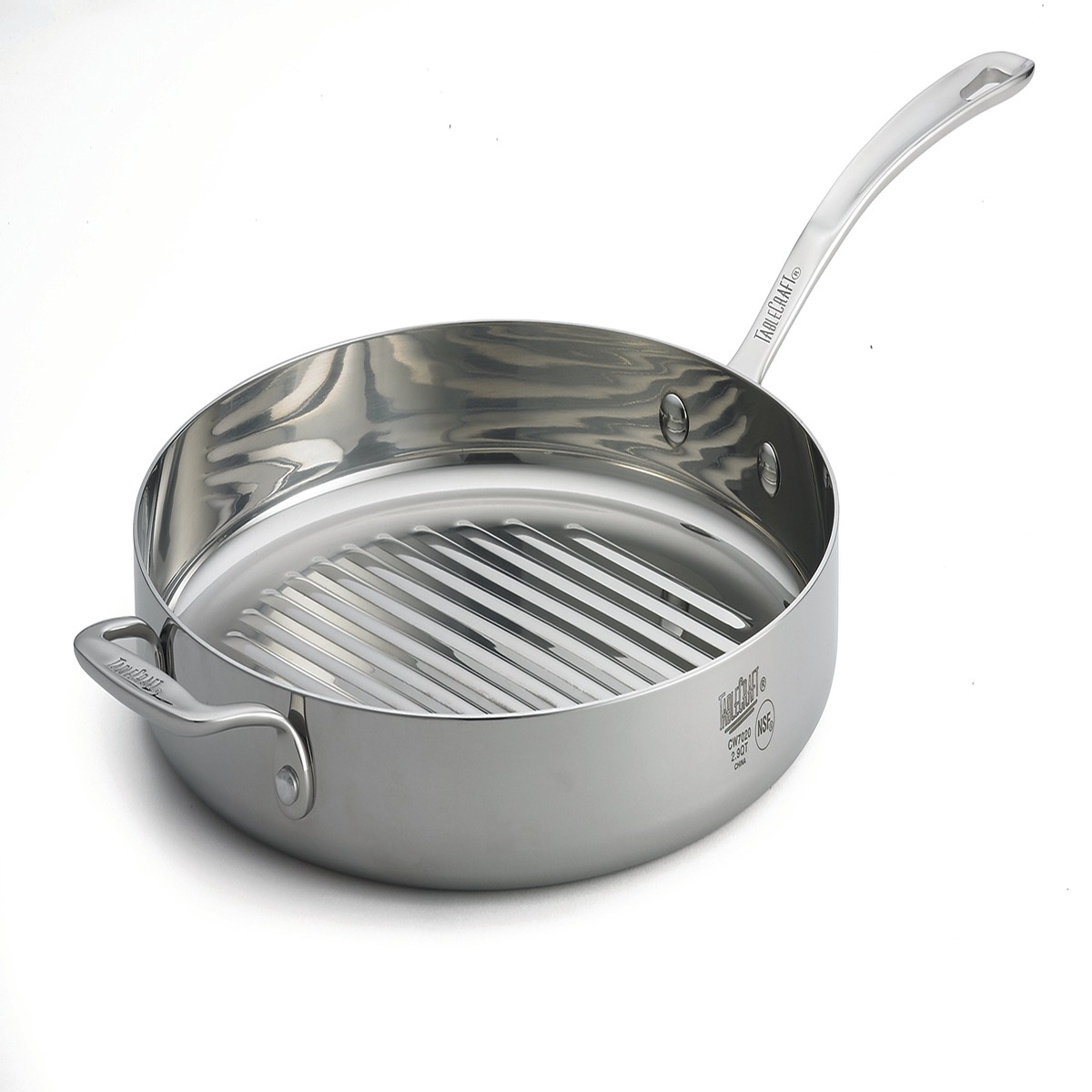 Tablecraft CW7020 3 Quart Induction Grill Pan 11 Inch Diameter Tri-ply with Riveted Handles Stainless Steel and Aluminum