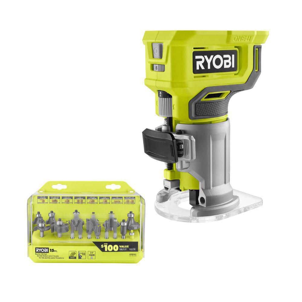 RYOBI ONE+ 18V Cordless Fixed Base Trim Router with 1/4 in. Shank Carbide Router Bit Set (15-Piece)