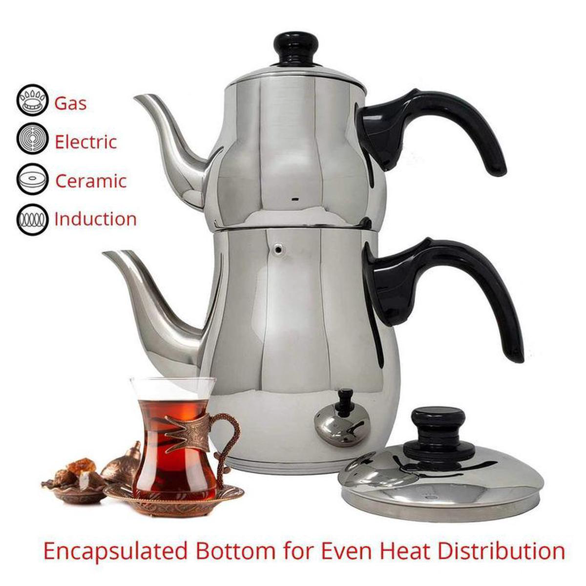 10-Cup Turkish Samovar Style Stainless Steel Double Handle Teapot Tea Maker Kettle 11 L and 25 L