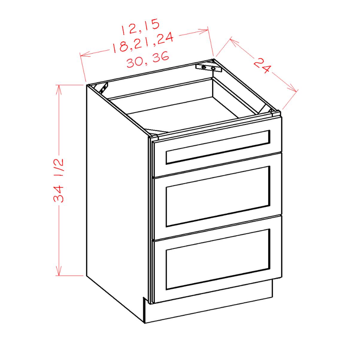 Rustic Shaker Slab 15" 3-Drawer Base Cabinet