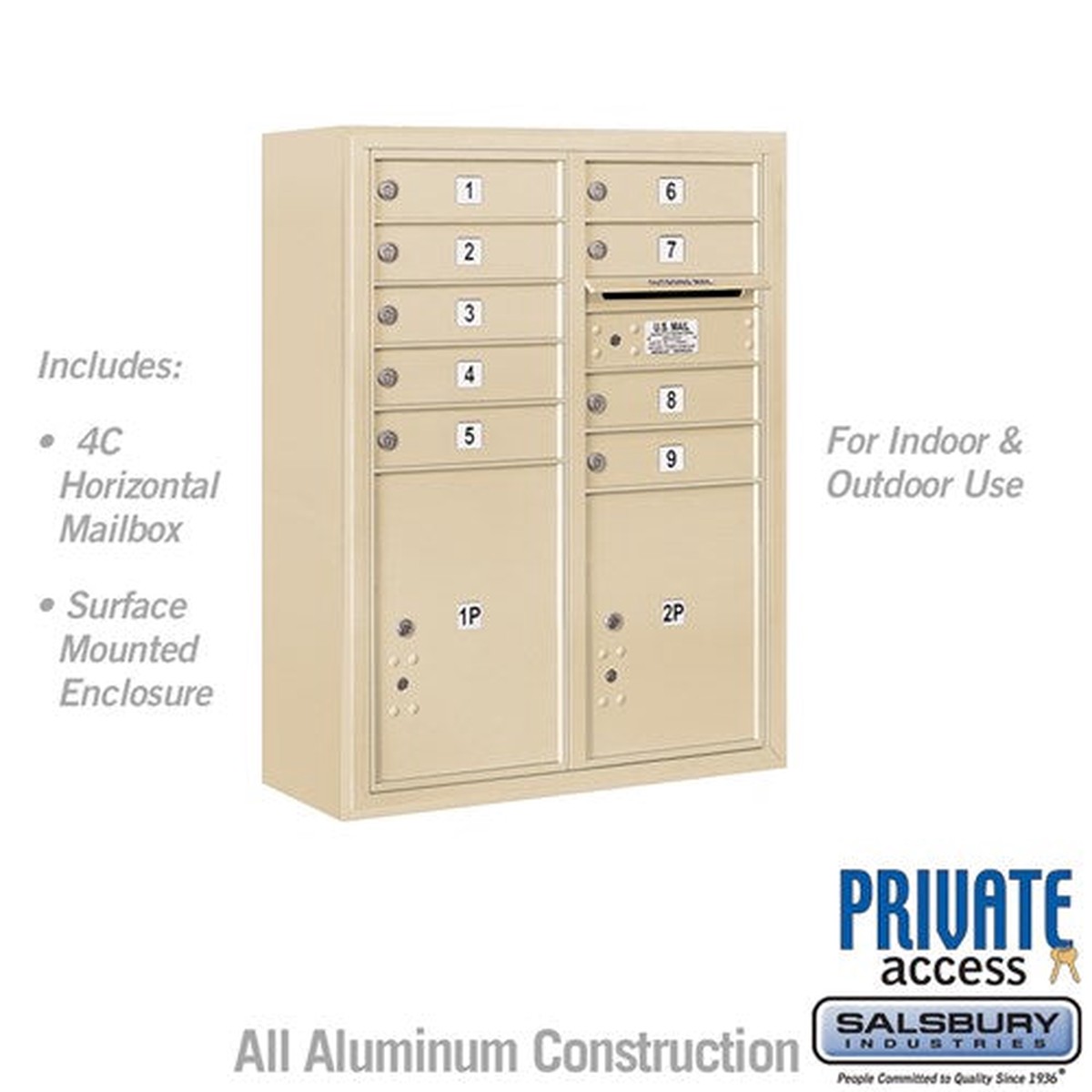 10 Door High Surface Mounted 4C Horizontal Mailbox with 9 Doors and 2 Parcel Lockers in Sandstone