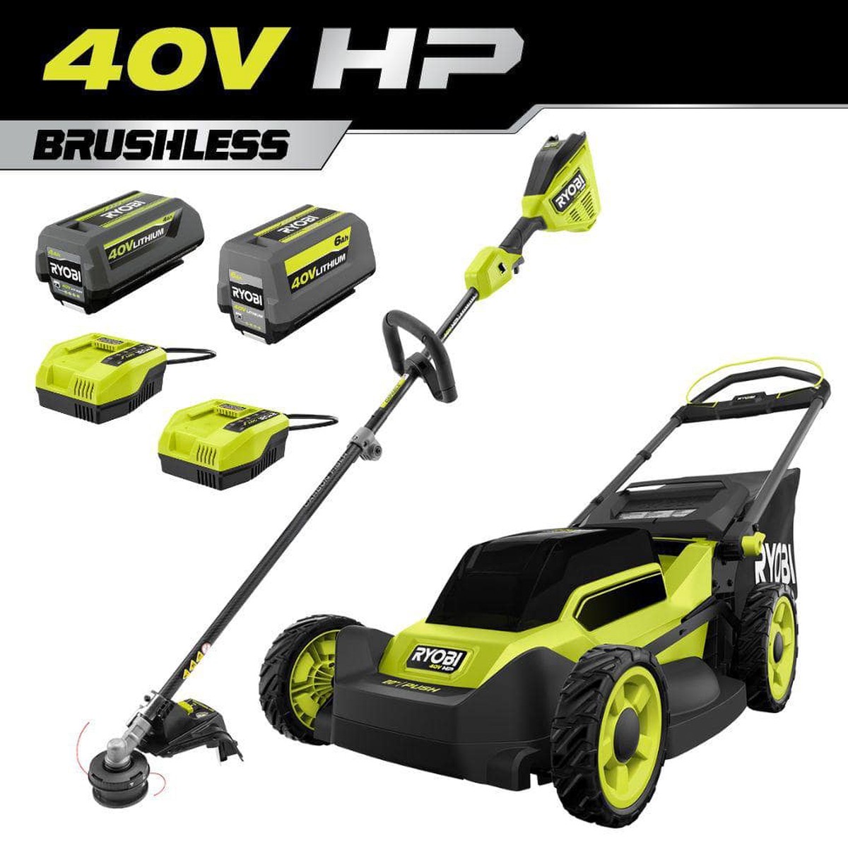 RYOBI 40V HP Brushless 20 in. Cordless Push Lawn Mower & 16 in. String Trimmer Combo Kit with (2) Batteries & (2) Fast Chargers