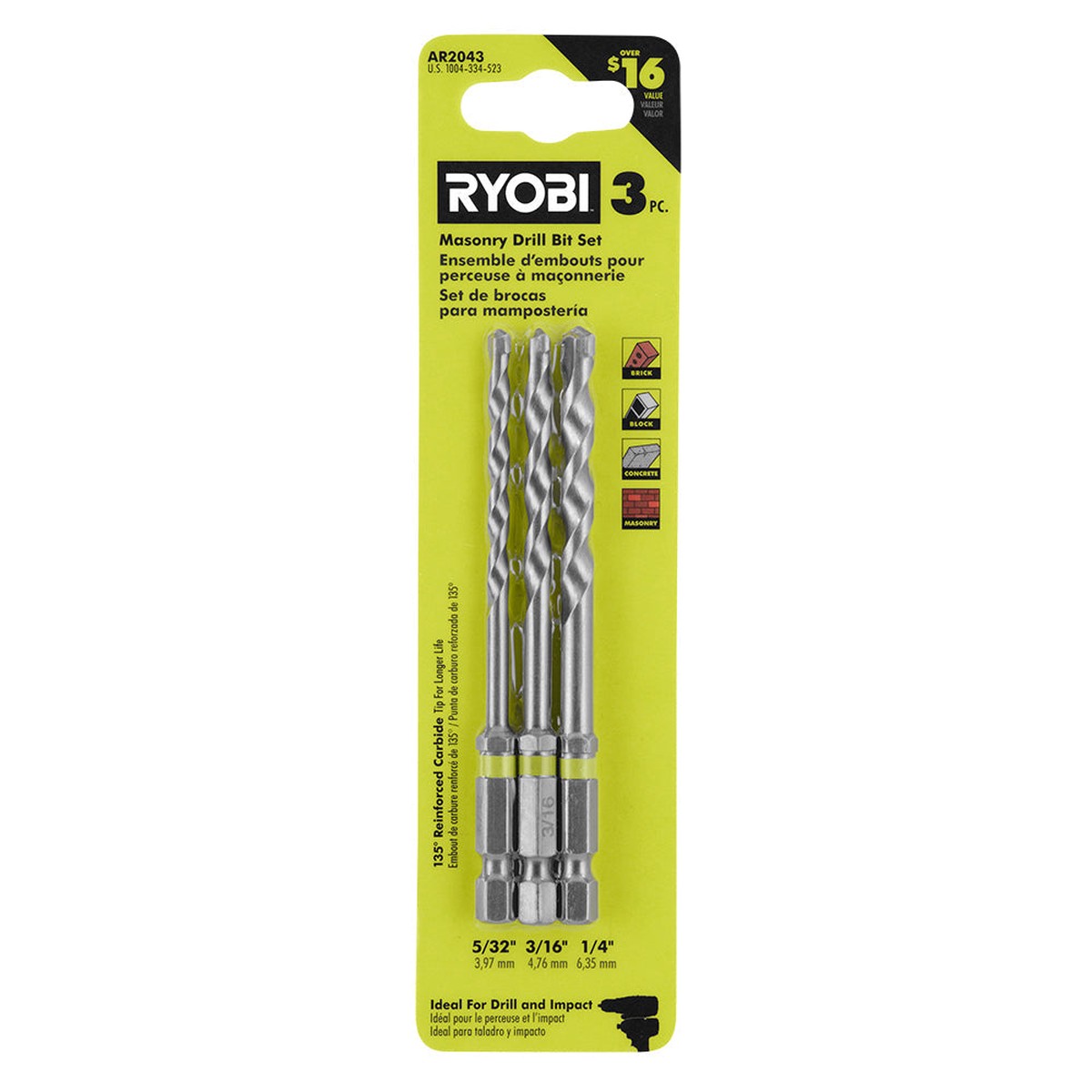 RYOBI Impact Rated Masonry Drill Bit Set (3-Piece) 5/32", 3/16", 1/4"