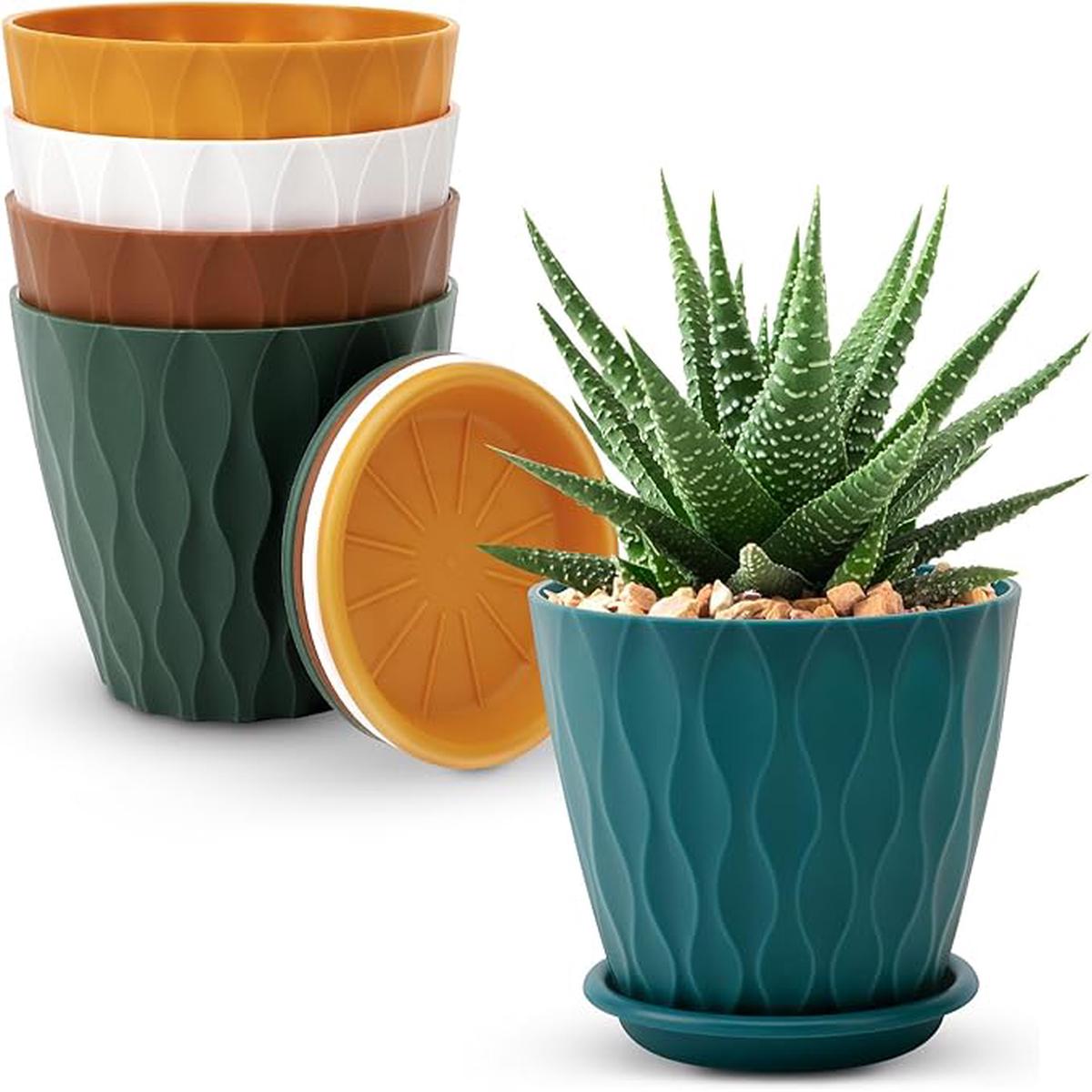 4 inch Plant Pots, 5 Pack Flower Pots Outdoor Indoor, Planters with Drainage Holes and Tray SaucersMulticolor