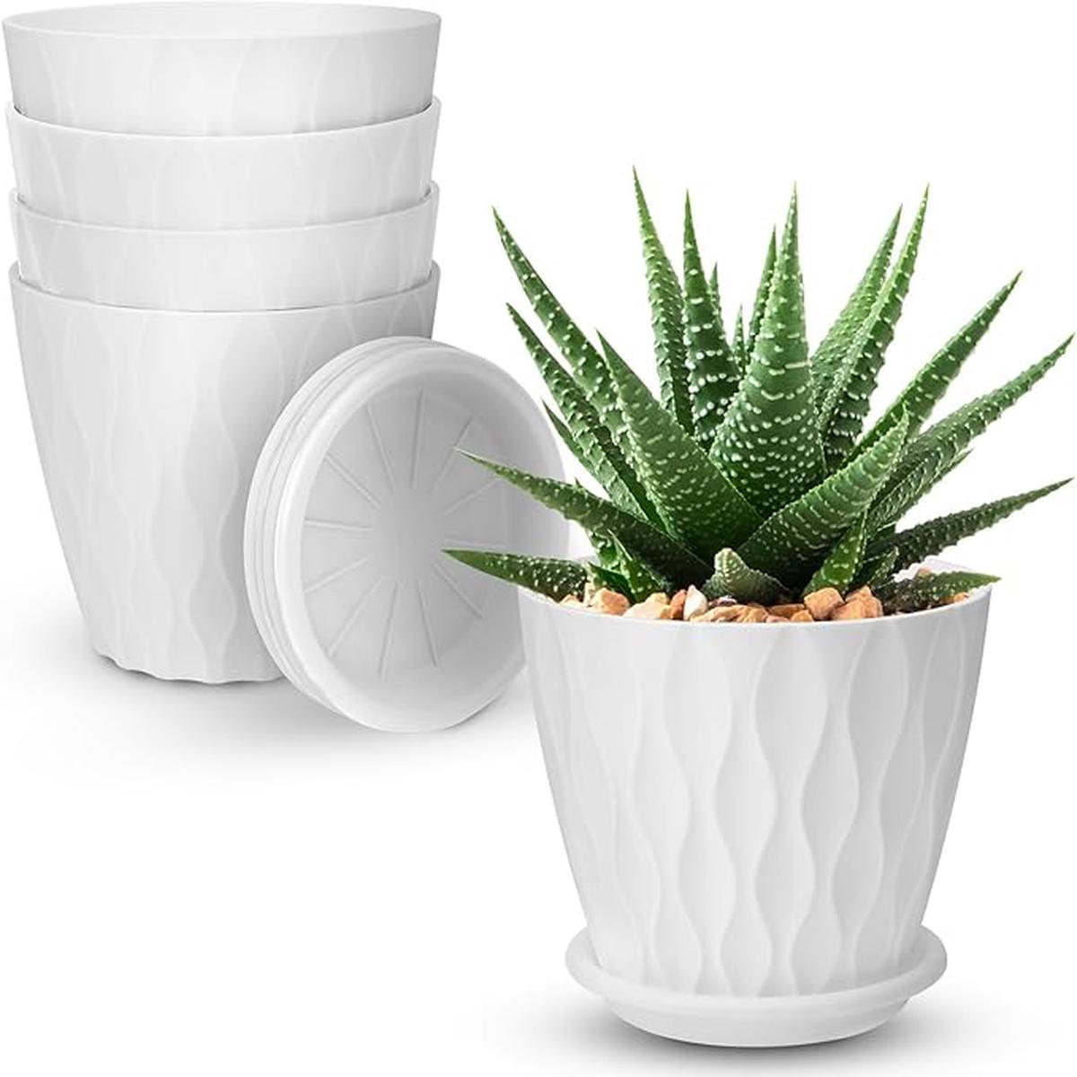 4 inch Plant Pots, 5 Pack Flower Pots Outdoor Indoor, Planters with Drainage Holes and Tray SaucersWhite