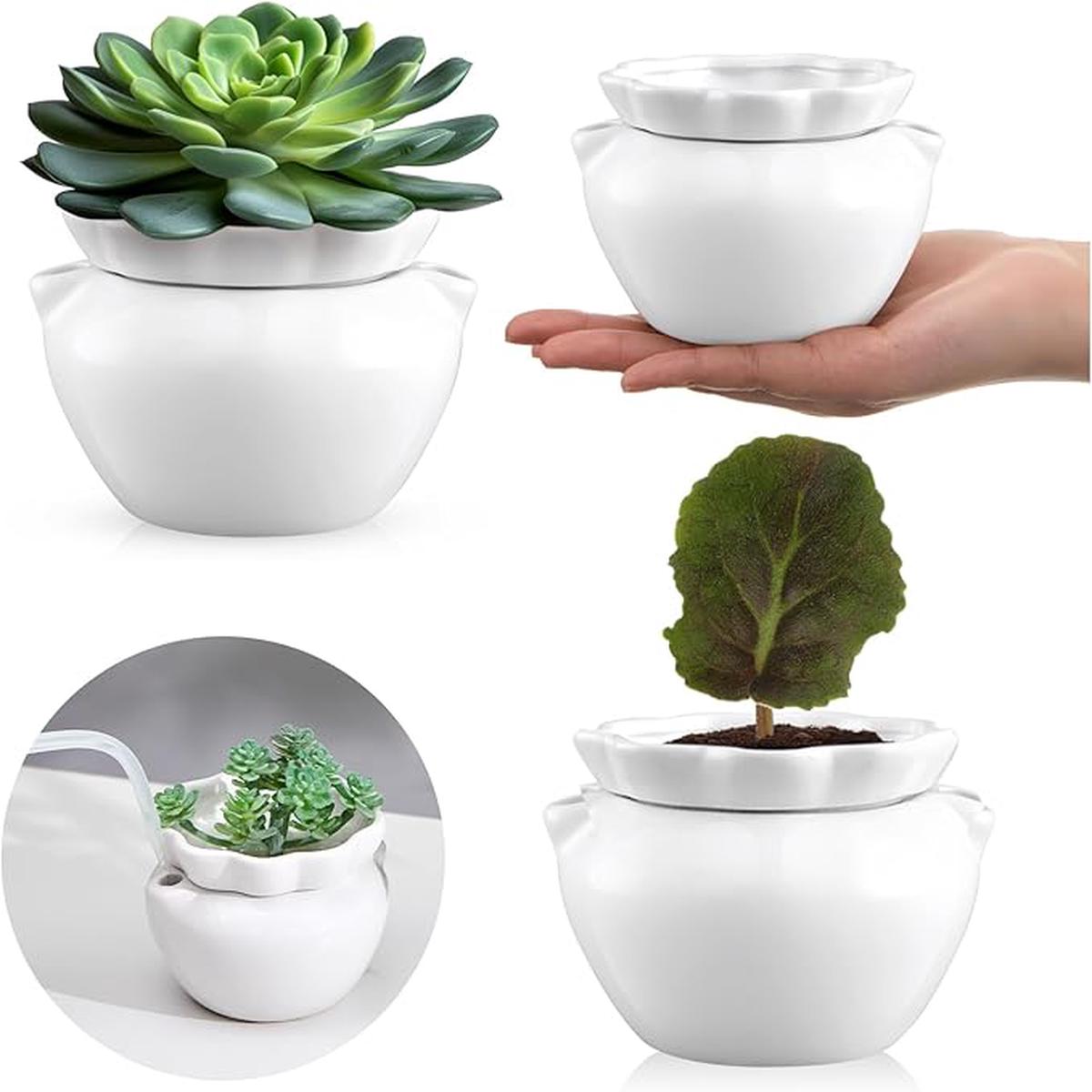4 Set 4 Inch African Violet Pots Self Watering White Ceramic Planter Highly Absorbent Inner Planter Pot for Indoor Plants Plant Lovers Ideal Plant Pot Thriving Plant