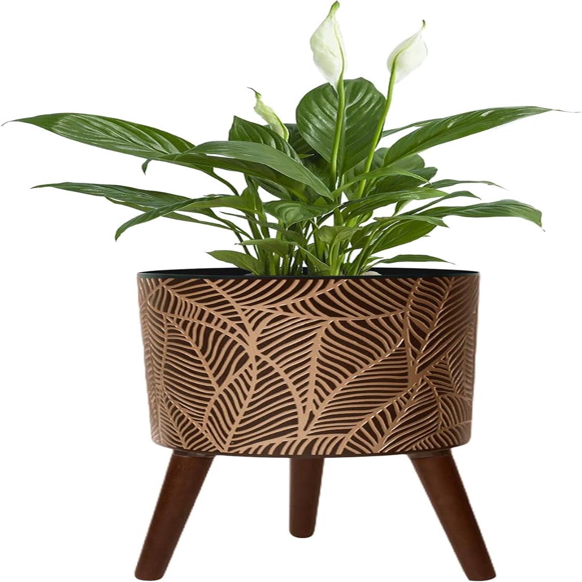 12inch Black Plant Pots for Indoor Plants Large Boho Flower Pot with Stand Modern Planters with Gold Floral Embossed Standing Planter with Drainage for Living Room, 