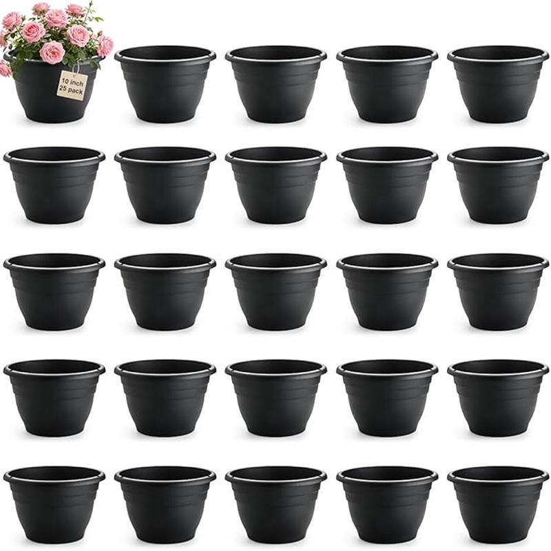 25 Pack 10 Inch Plant Pots with Drainage Holes,Black Plastic Flower Pots for Indoor & Outdoor Plants,Durable Lightweight Planters for Flowers,Herbs & Gardening