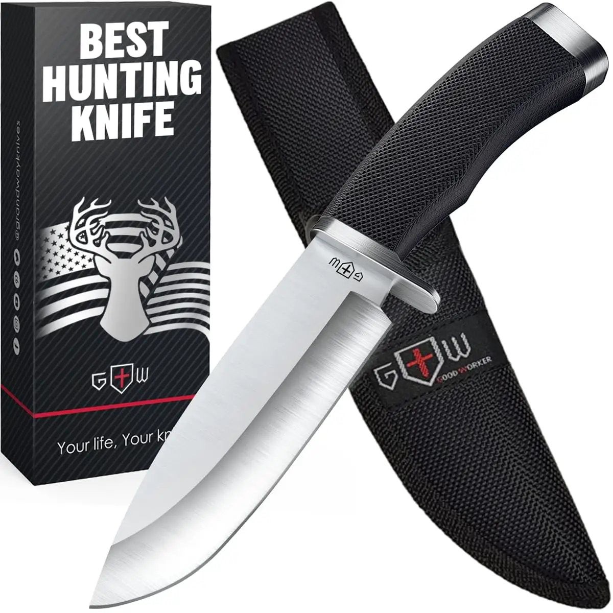 Rugged Fixed Blade Survival Knife With Sheath For Camping, Hunting, And Bushcraft, 440C Stainless Steel Blade, Satin Finish, Rubber Handle, Tactical Field Gear For Men, Versatile Outdoor K