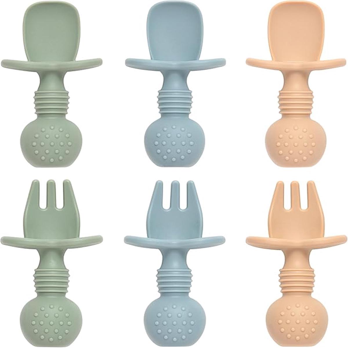 Baby Spoons and Forks Feeding Set, 6 Pack Silicone First Stage Self Feeding Toddler Utensils, BPA Free, Baby Led Weaning Supplies for Training Spoons