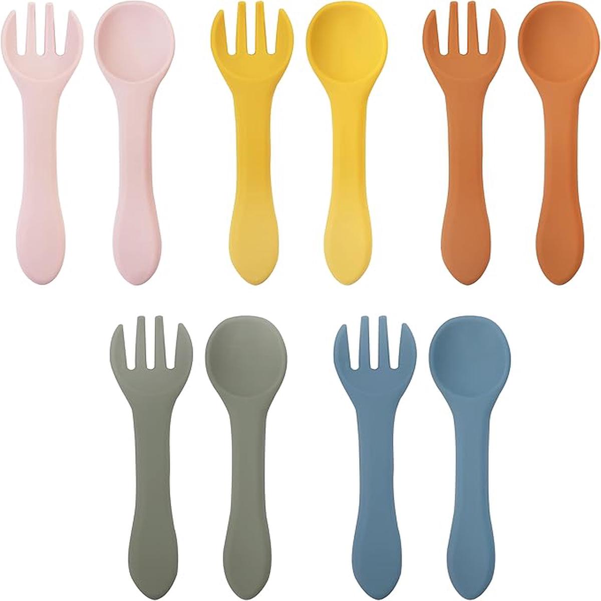 10 Pcs Silicone Baby Spoons and Forks, Chewable Utensils for Self-Feeding, Kids Utensils for Over 6 Months Babies