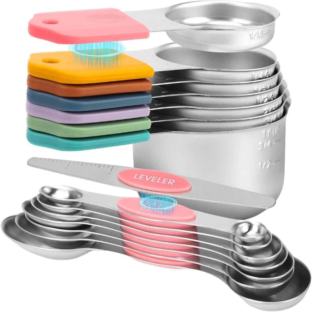 15-Piece Stainless Steel Measuring Cups and Spoons Set, Strong Magnetic Nesting Design 7 Cups 7 Spoons with Leveler, Double Measurement Markings for Dry & Liquid Ingredients, Pink & Colorf
