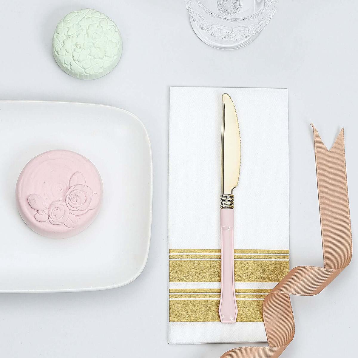 24 Pack Gold Heavy Duty Plastic Knives with Blush Handle, Disposable Silverware 7.5"