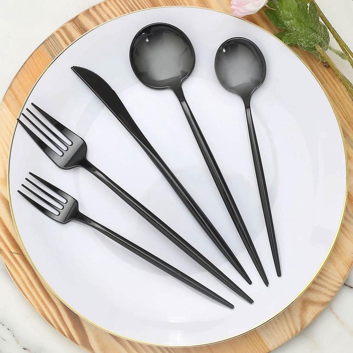 50-Pack Plastic Utensil Set Black - Heavy Duty Premium Disposable Sleek Flatware