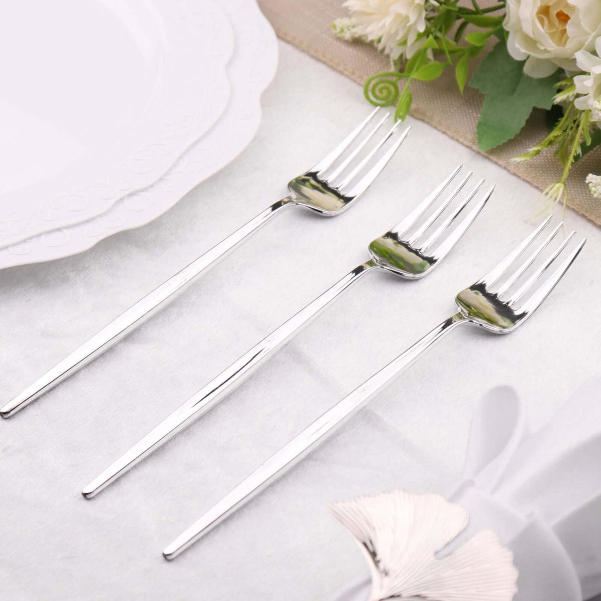 24 Pack Glossy Silver Heavy Duty Plastic Silverware Forks, Shiny Cutlery, Premium Disposable Flatware 8"