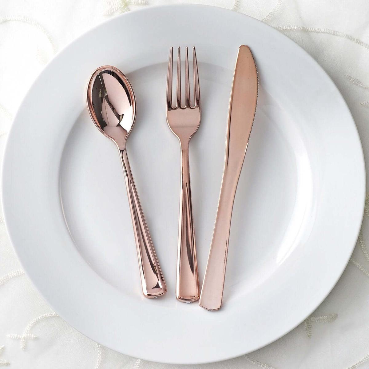 30-Pack Plastic Utensil Set 7", 8" Metallic Rose Gold Classic Heavy Duty - Disposable Silverware
