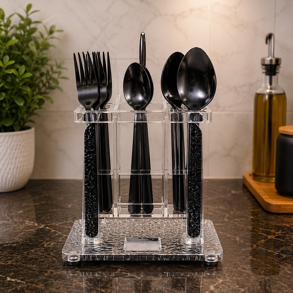 24 PCS BLACK STAINLESS STEEL CUTLERY SET WITH ACRYLIC STAND