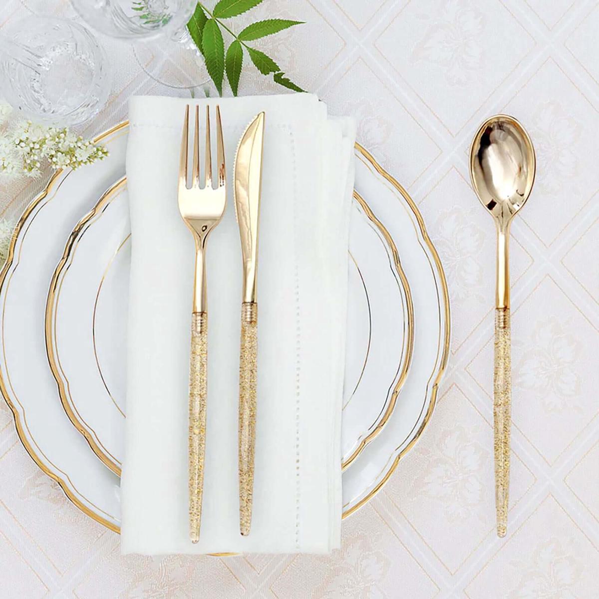 24-Pack Plastic Cutlery Set 8" Gold Glittered - Disposable Silverware-Pack for Parties