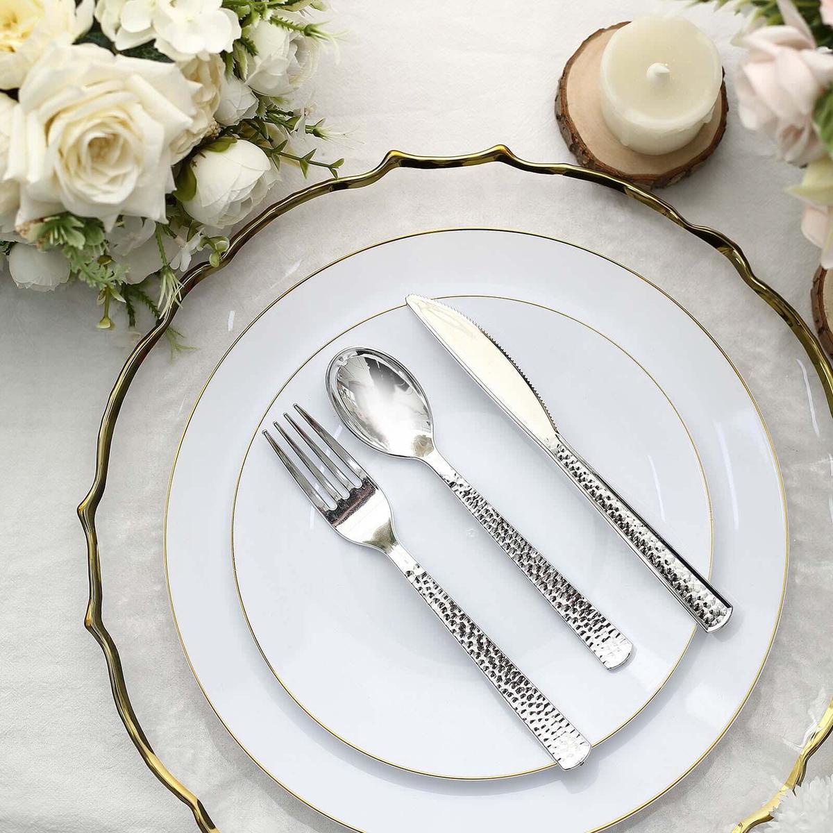 24-Pack Plastic Silverware Set 7" Silver with Hammered Design - Heavy Duty Disposable Utensils
