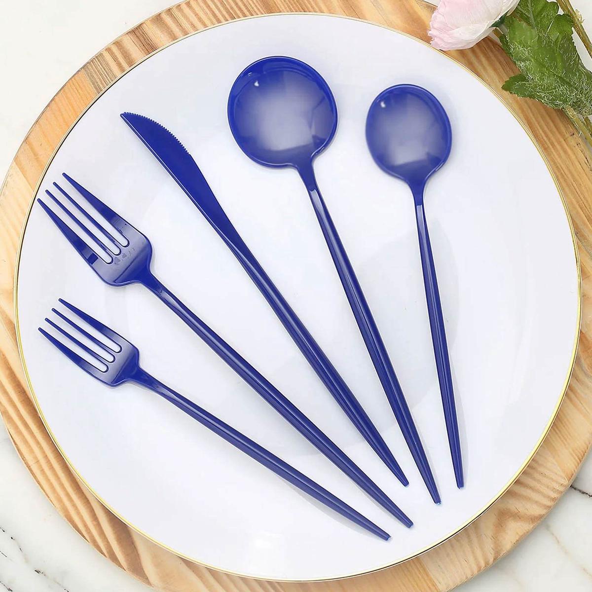 50-Pack Plastic Utensil Set Royal Blue - Heavy Duty Premium Disposable Sleek Flatware