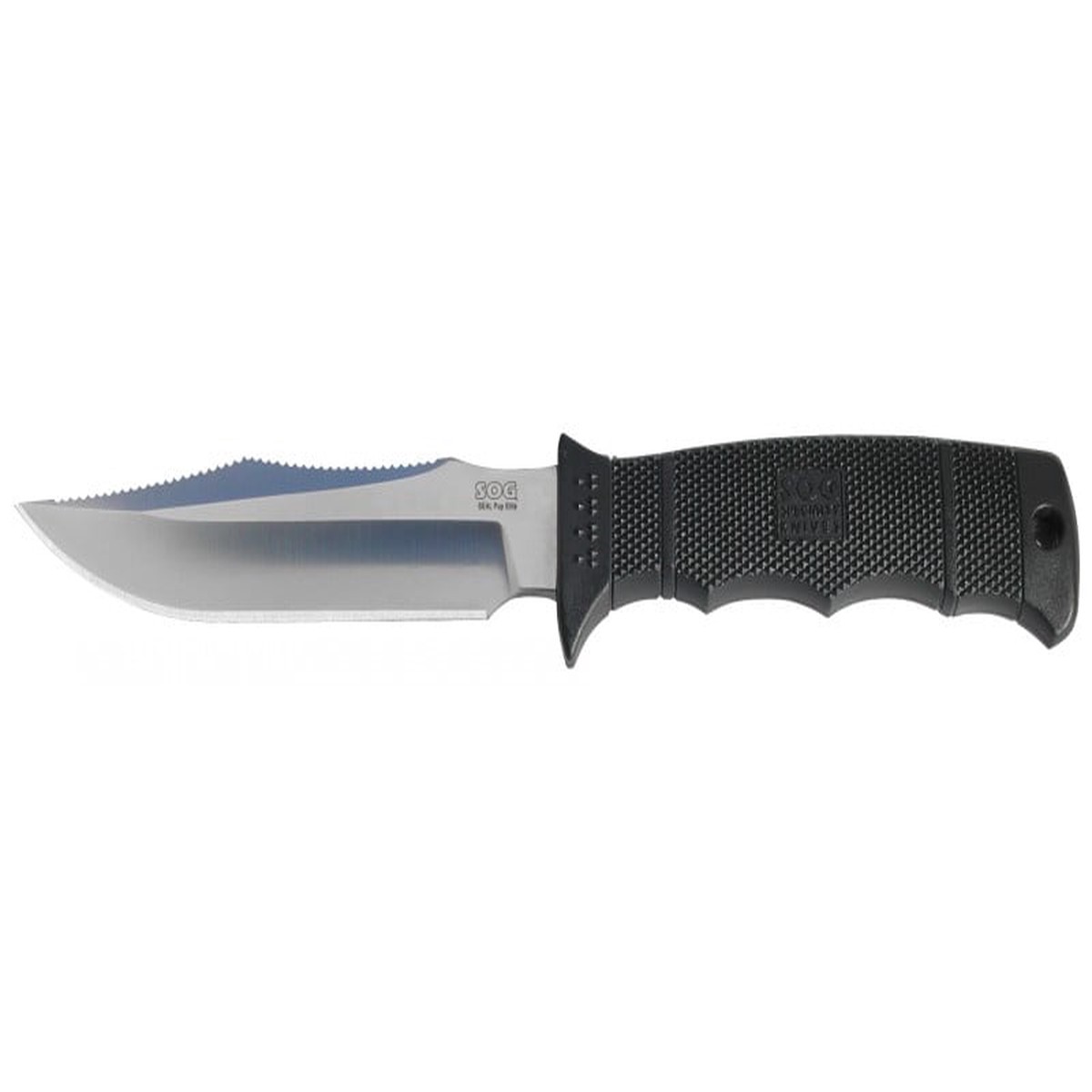 SOG SEAL Pup Elite Fixed Blade Knife - 4.85-inch Straight Edge, Clip Point - Satin Finish - Black Handle - Nylon Sheath - Clam Pack (E37N-CP)